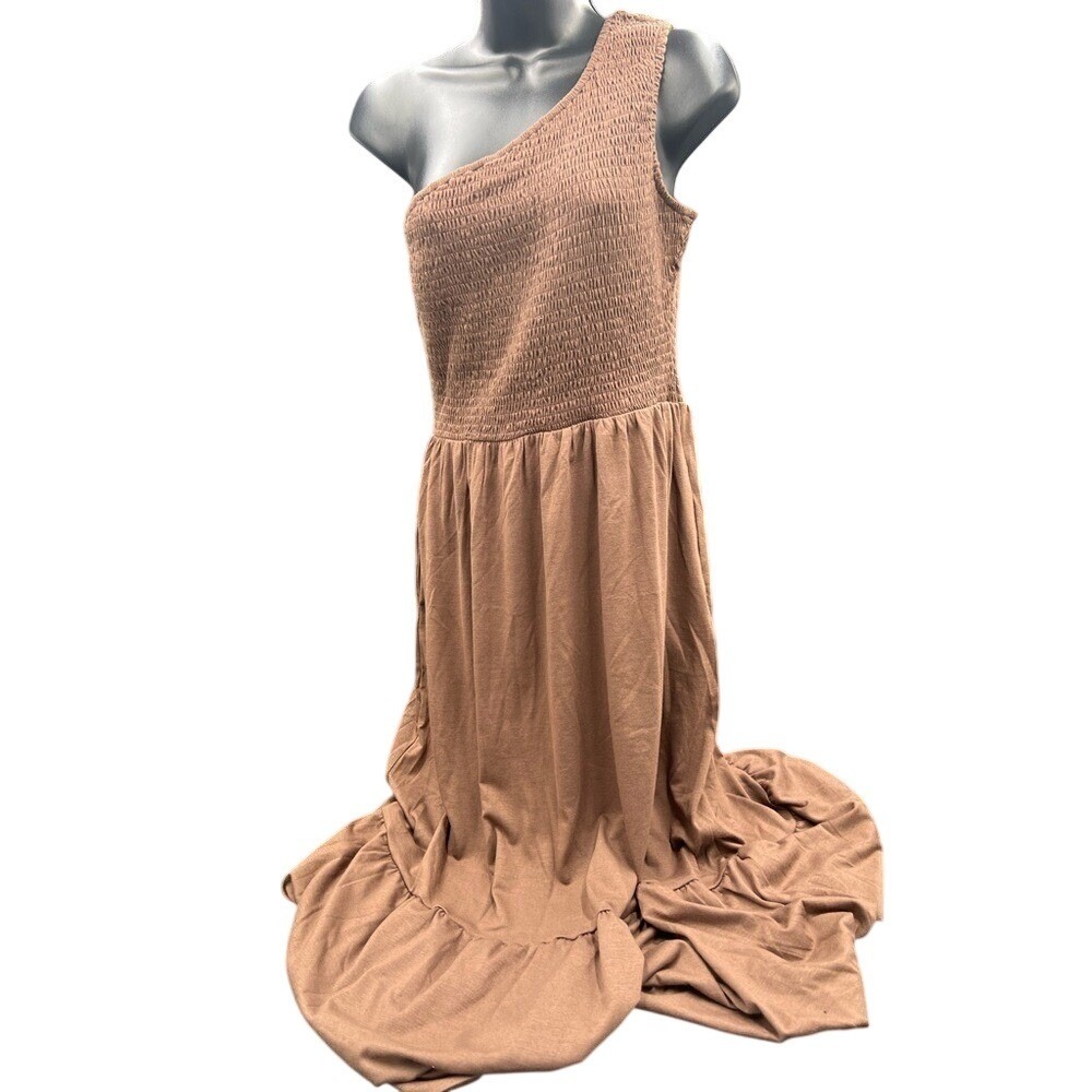Anrabess Womens One Shoulder Smocked Maxi Dress Brown Tiered Ruffle Size M NEW